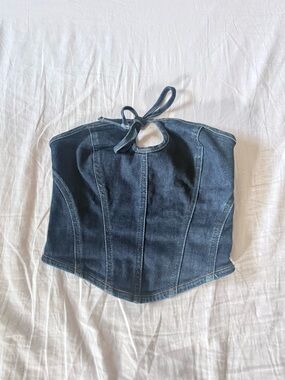 Garage Dark Blue Denim Halter Corset Crop Top